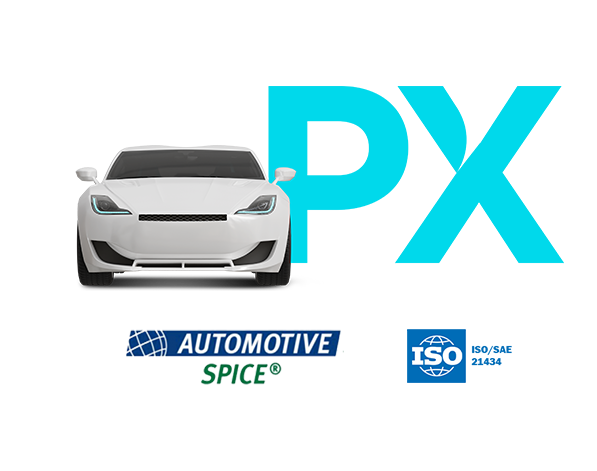 PlaxidityX featuring a white vehicle, Automotive SPICE certification, and ISO 21434 compliance logos